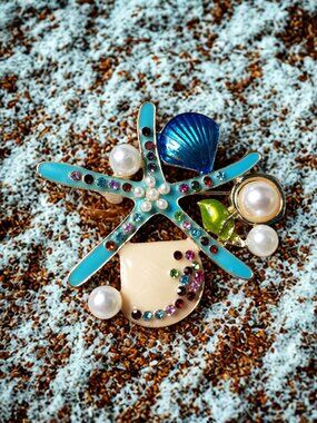 New Starfish & Shells Brooch Blue & Gold Rhinestones & Faux Pearls